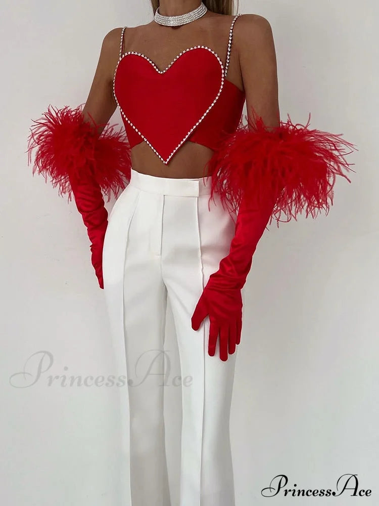 Red Heart Cut Out Graceful Rhinestone Strap Crop Top
