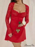 Red Lace Bustier Charming Long Sleeve Mini Dress