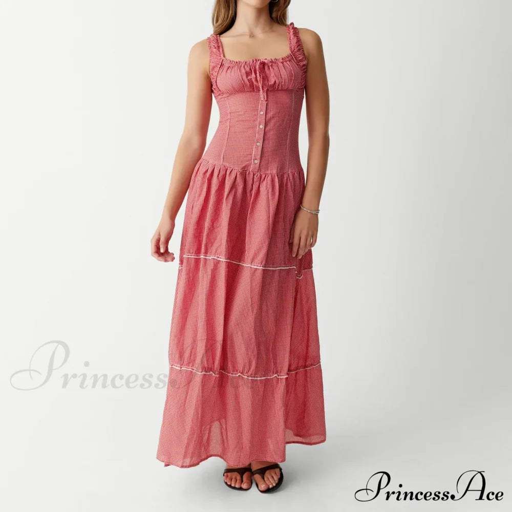 Red Plaid Stylish Maxi Dress