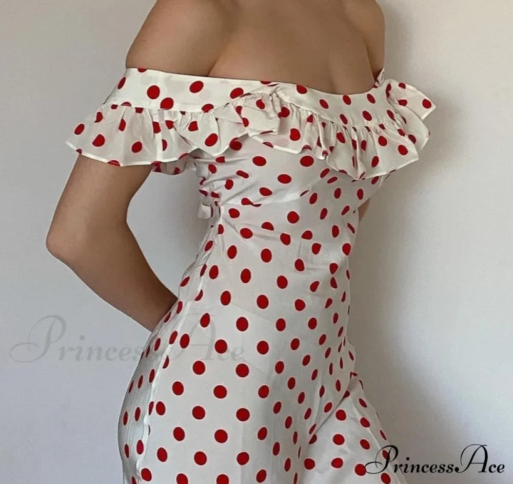 Red Polka Dot Charming Off Shoulder Maxi Dress