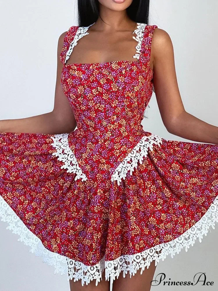 Red Printed Stylish Backless Mini Dress