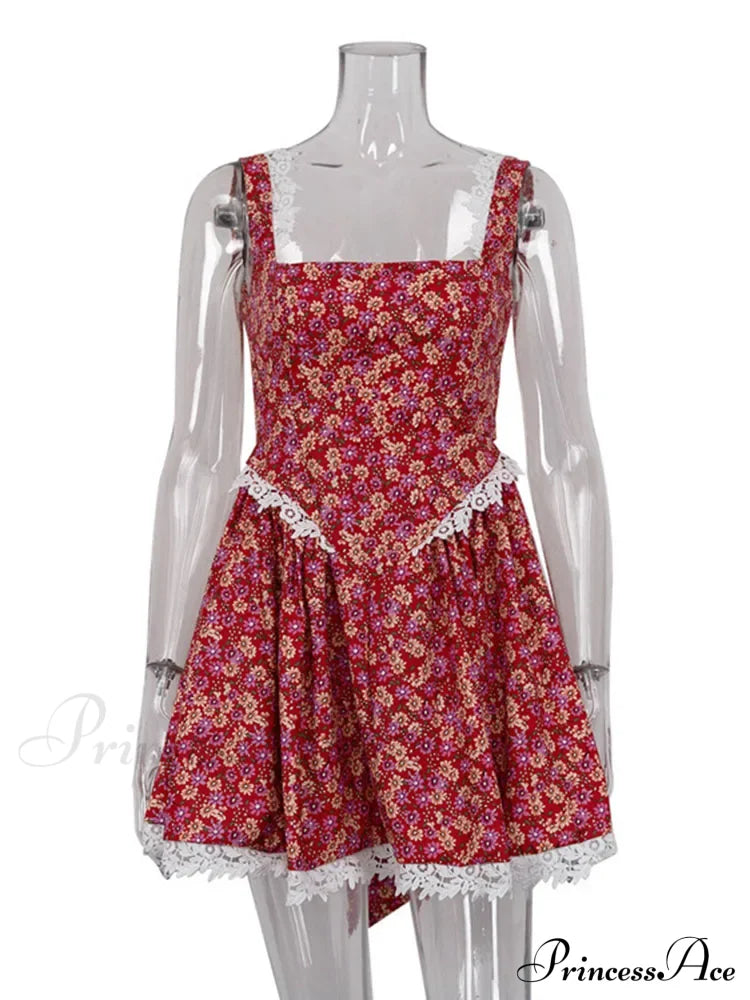 Red Printed Stylish Backless Mini Dress