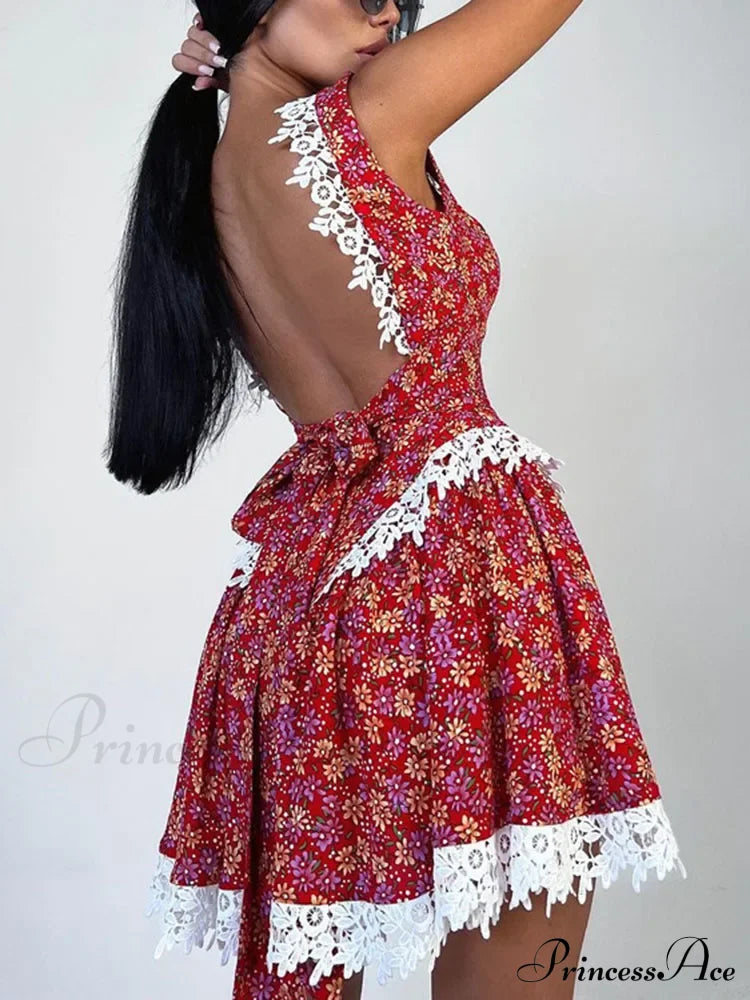 Red Printed Stylish Backless Mini Dress