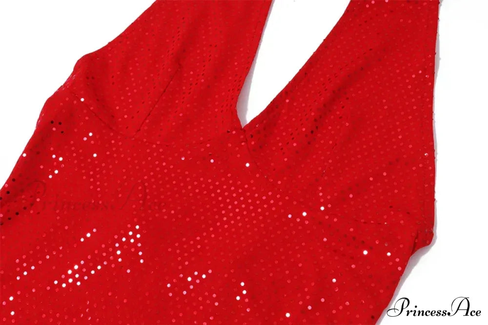 Red Sequin Deep V-neck Graceful Halter Bandage Mini Dress