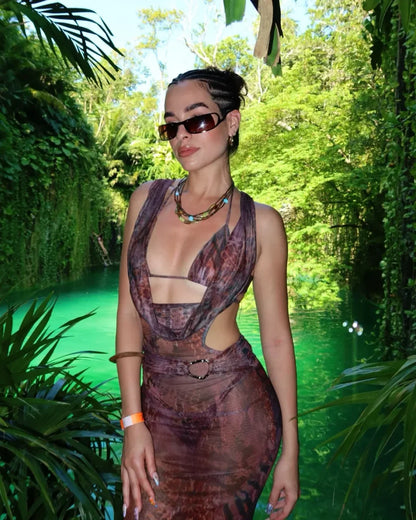 Retro Mesh Dress Three Piece Swimsuit