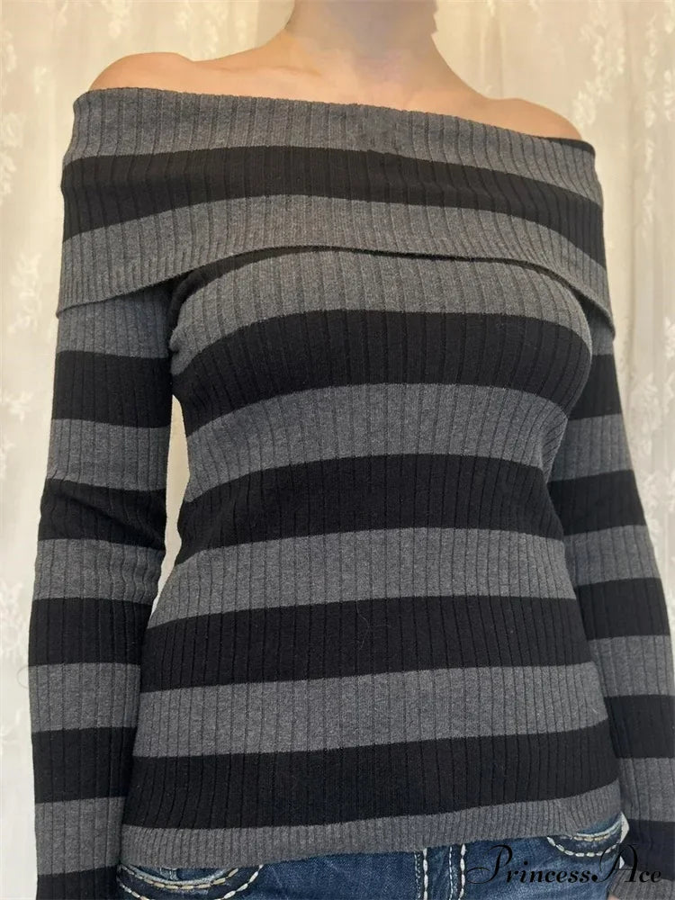 Retro Slash Neck Off Shoulder RibbedLong Sleeve  Knit Top