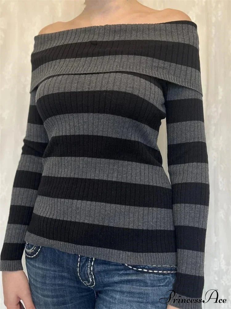 Retro Slash Neck Off Shoulder RibbedLong Sleeve  Knit Top
