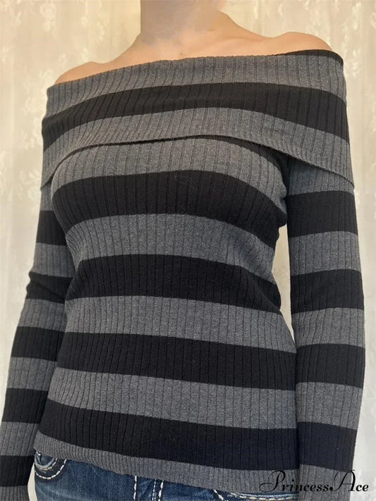 Retro Slash Neck Off Shoulder RibbedLong Sleeve  Knit Top