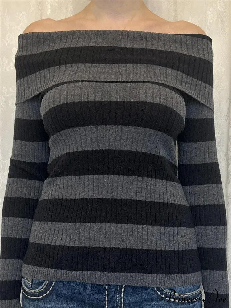 Retro Slash Neck Off Shoulder RibbedLong Sleeve  Knit Top