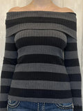Retro Slash Neck Off Shoulder RibbedLong Sleeve  Knit Top