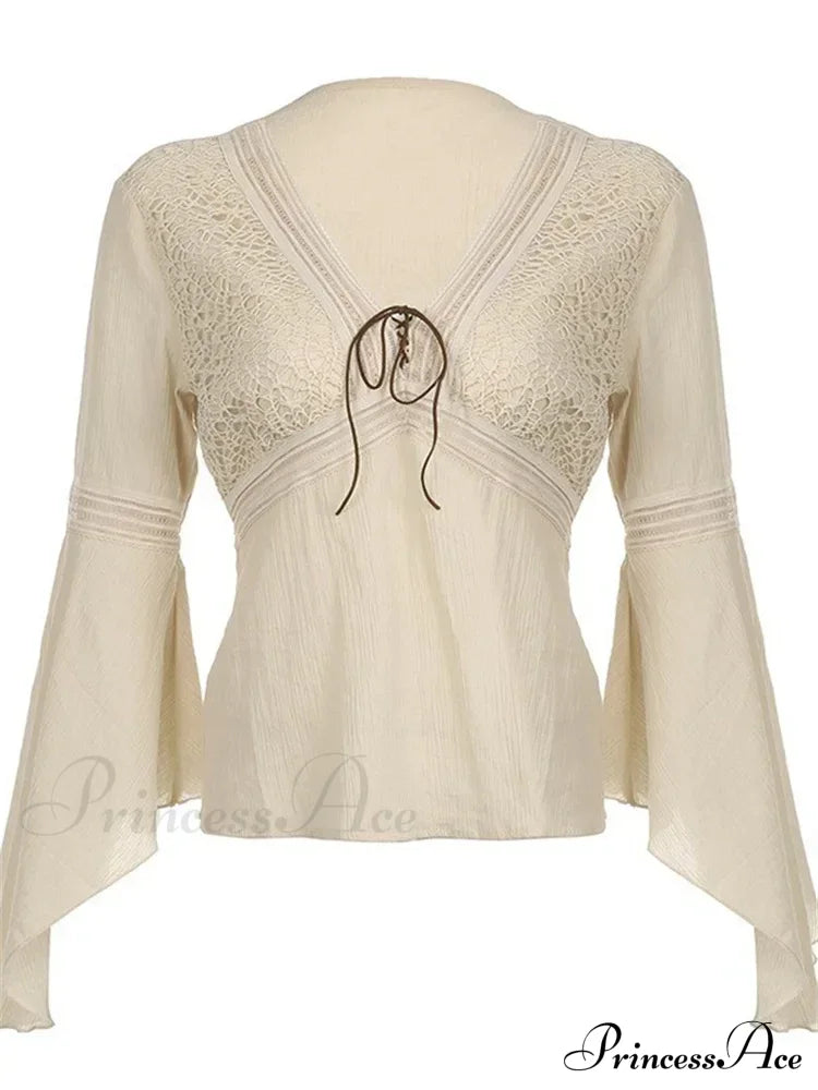 Retro  y2k Fairycore  V-neck Long Flare Sleeve T-shirts