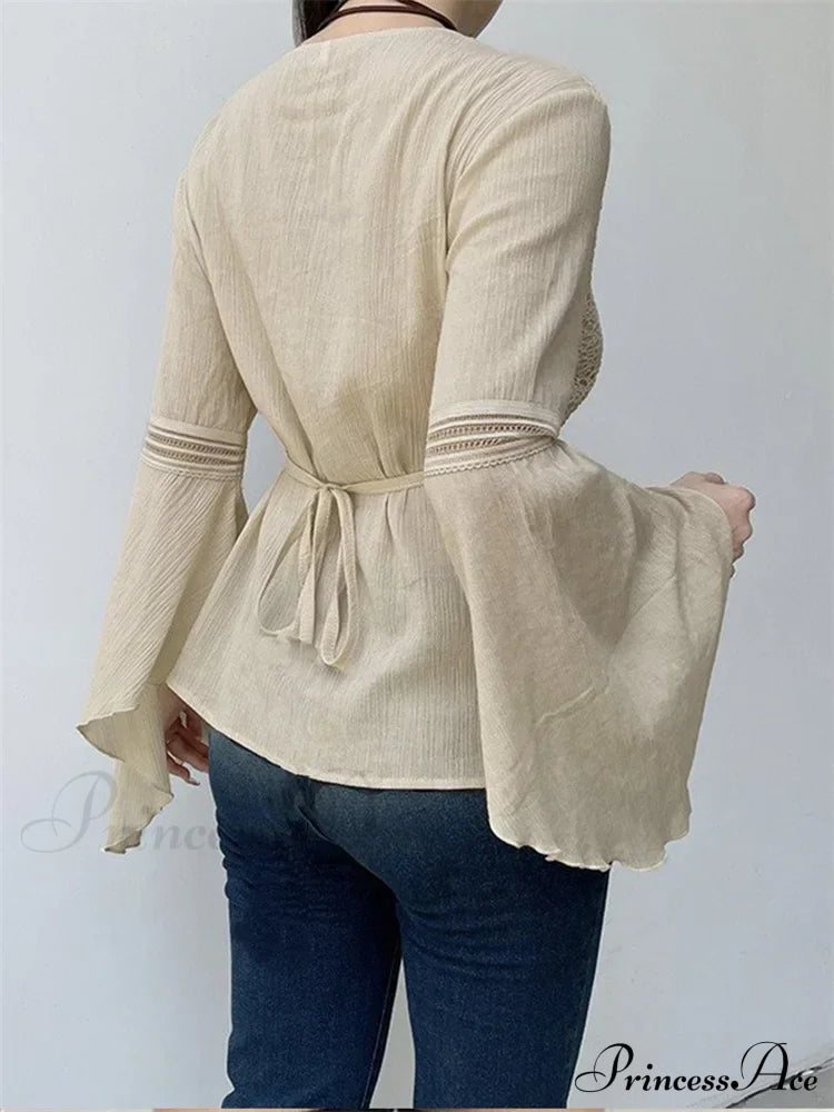 Retro  y2k Fairycore  V-neck Long Flare Sleeve T-shirts