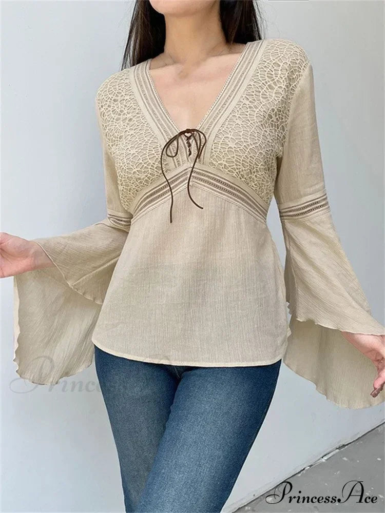 Retro  y2k Fairycore  V-neck Long Flare Sleeve T-shirts