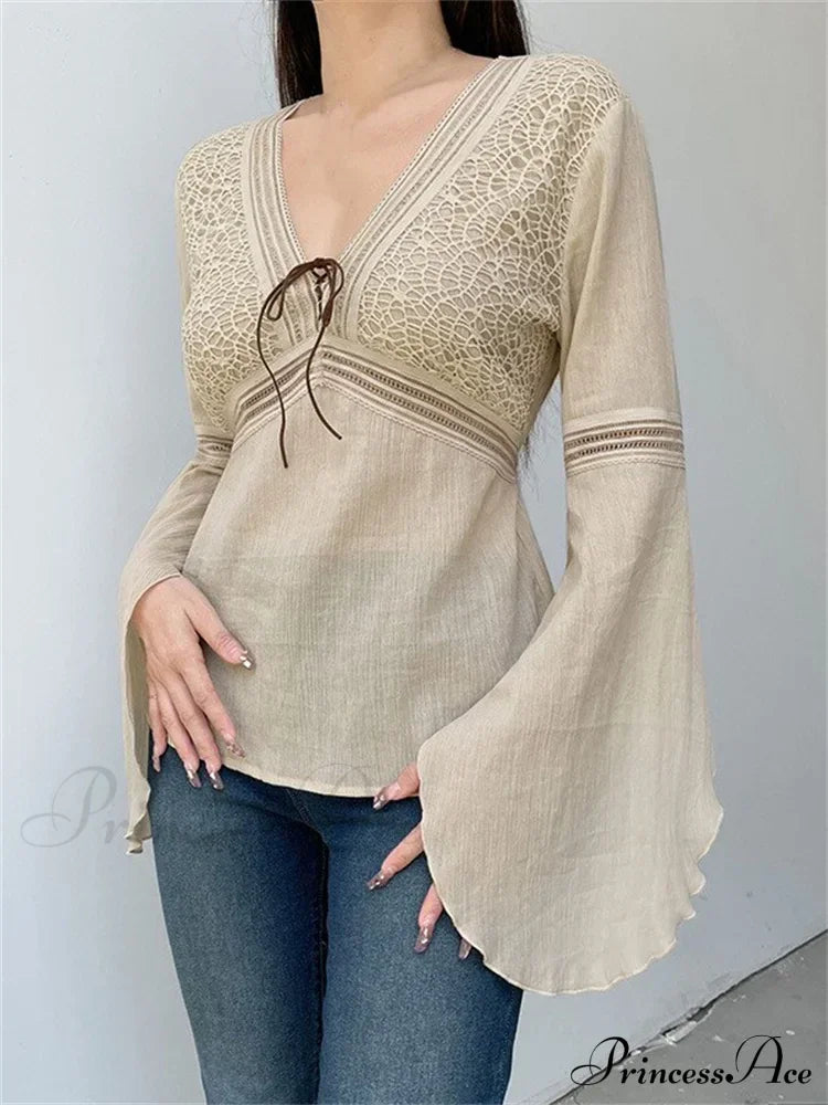 Retro  y2k Fairycore  V-neck Long Flare Sleeve T-shirts