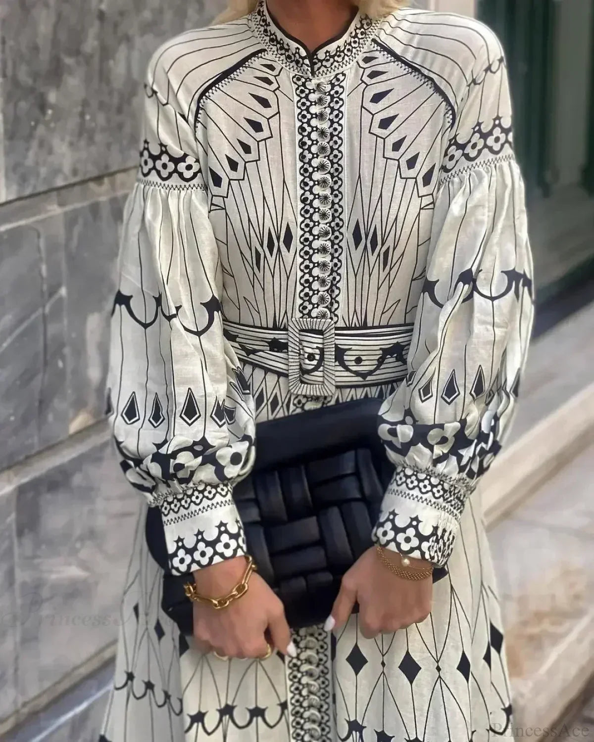 Retro Stand Collar Belted Boho Dress