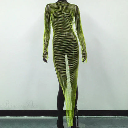 Rhinestone Fishnet Long Sleeve Party Dress