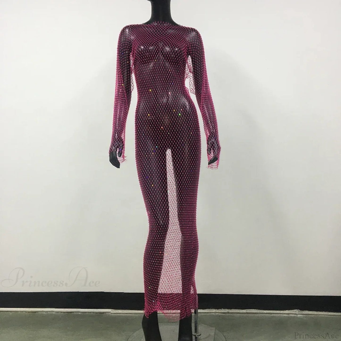 Rhinestone Fishnet Long Sleeve Party Dress