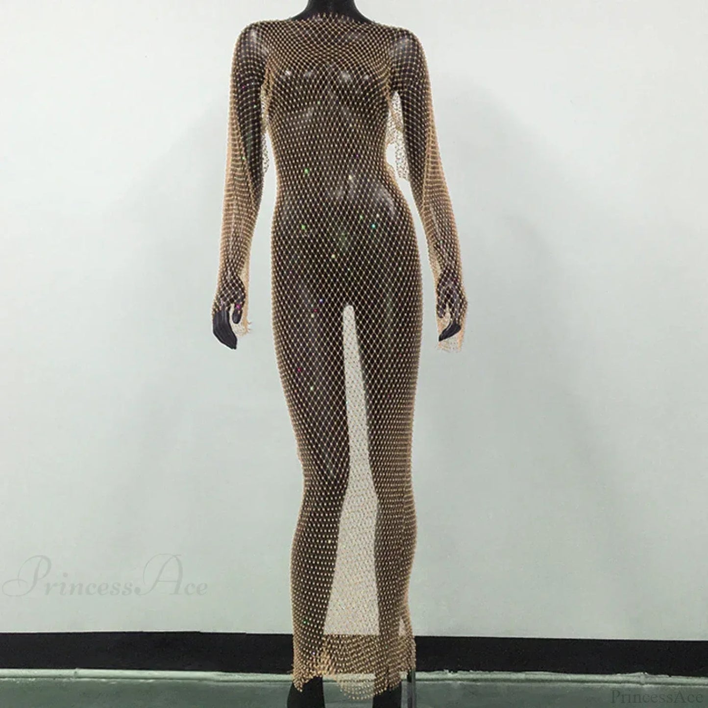 Rhinestone Fishnet Long Sleeve Party Dress