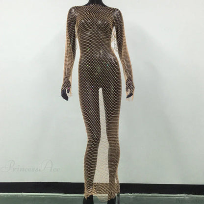 Rhinestone Fishnet Long Sleeve Party Dress