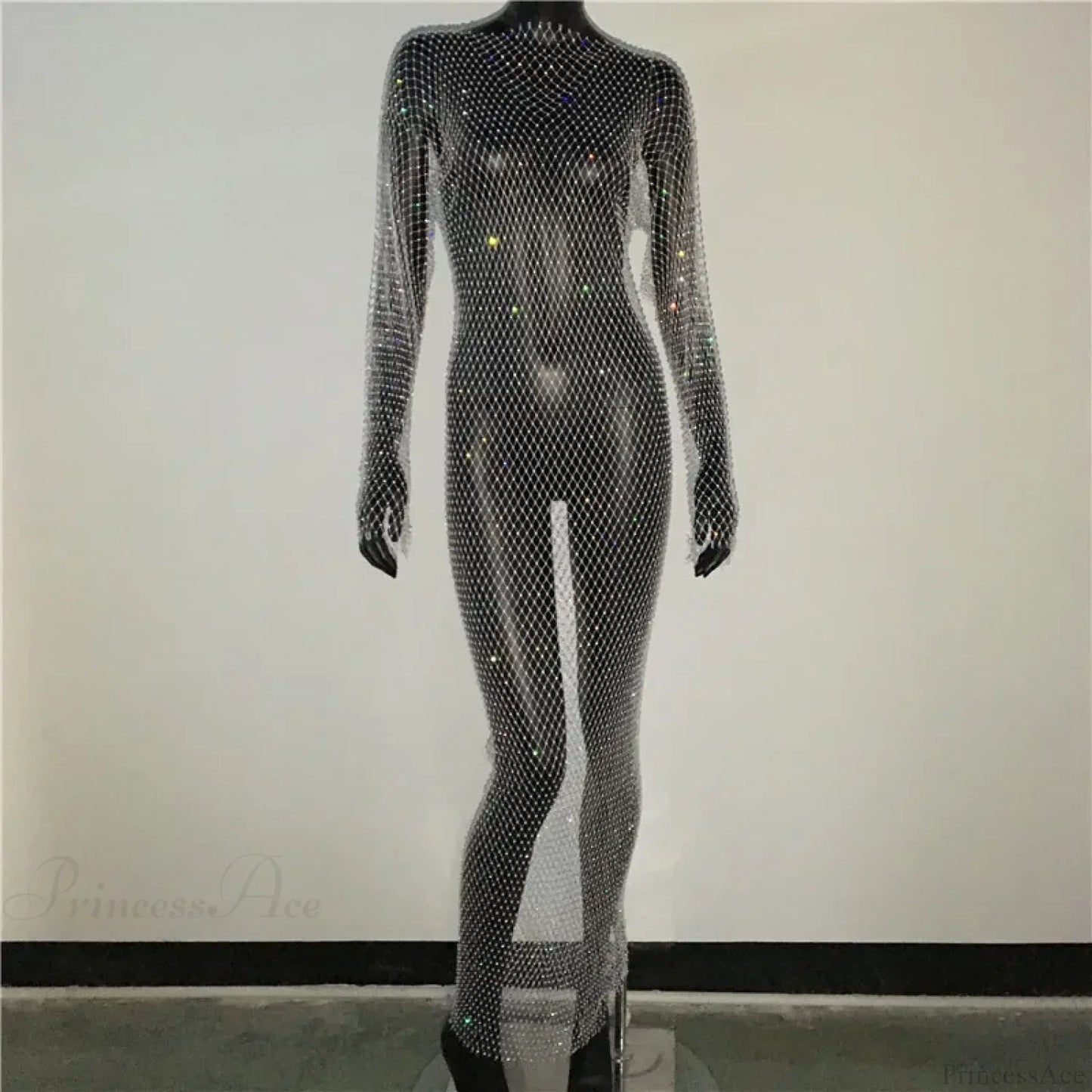 Rhinestone Fishnet Long Sleeve Party Dress