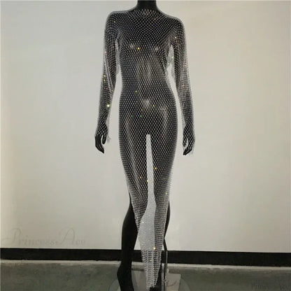Rhinestone Fishnet Long Sleeve Party Dress