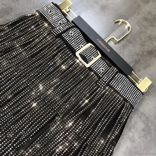 Rhinestones Tassel  High Waist Belt Skirt