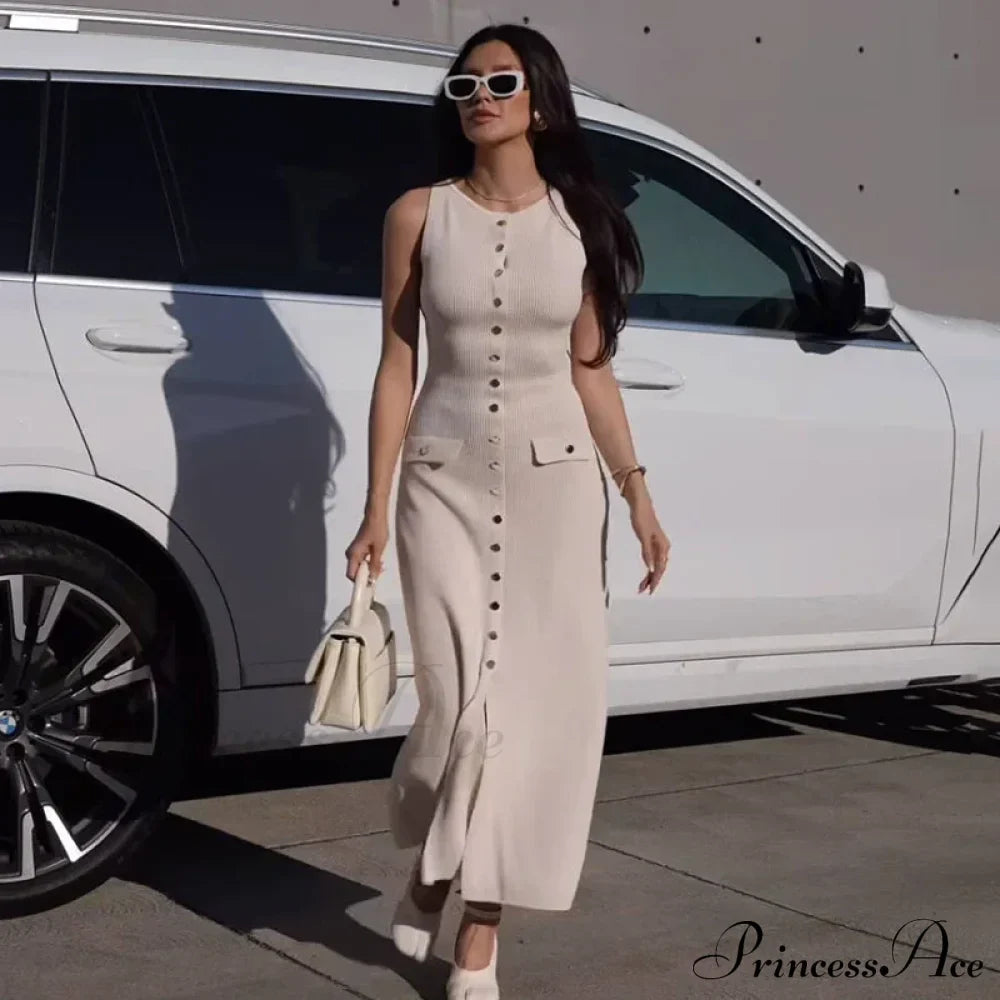 Ribbed Buttoned Stylish Midi Dress