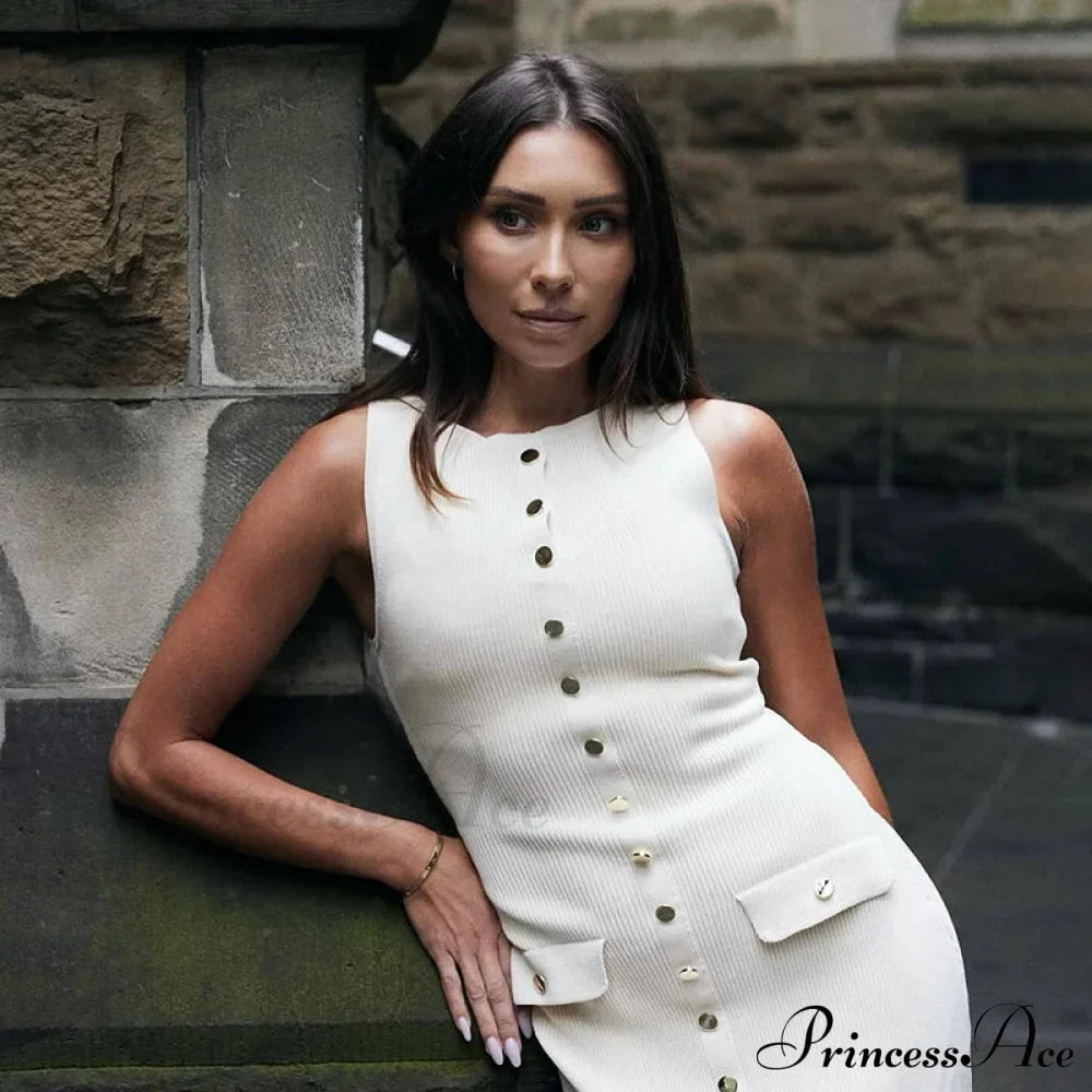 Ribbed Buttoned Stylish Midi Dress