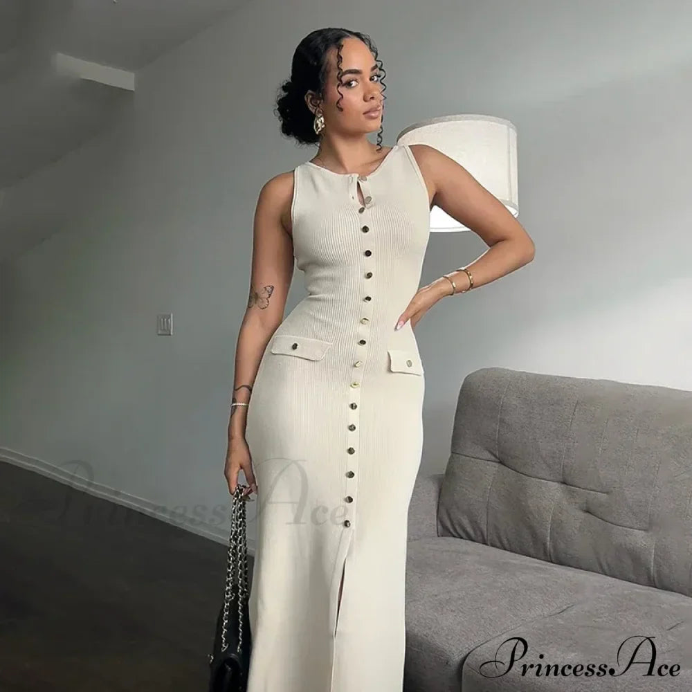 Ribbed Buttoned Stylish Midi Dress