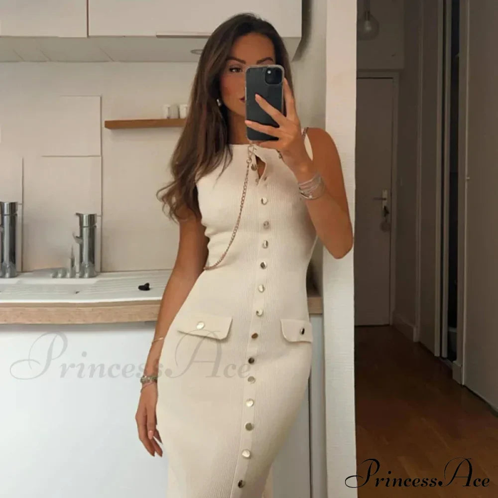 Ribbed Buttoned Stylish Midi Dress