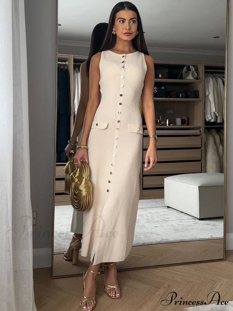 Ribbed Buttoned Stylish Midi Dress