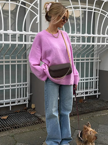 Rose Pink O - neck Lantern Sleeve Sweater