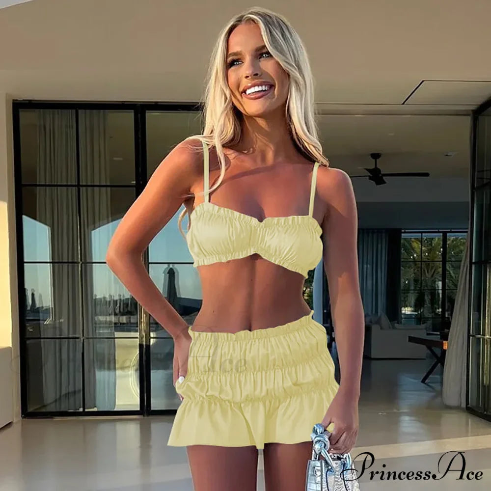 Ruched Satin Bralette Charming And Mini Skirt Set