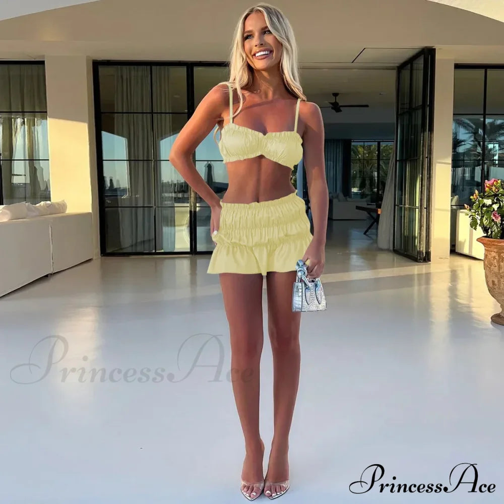 Ruched Satin Bralette Charming And Mini Skirt Set