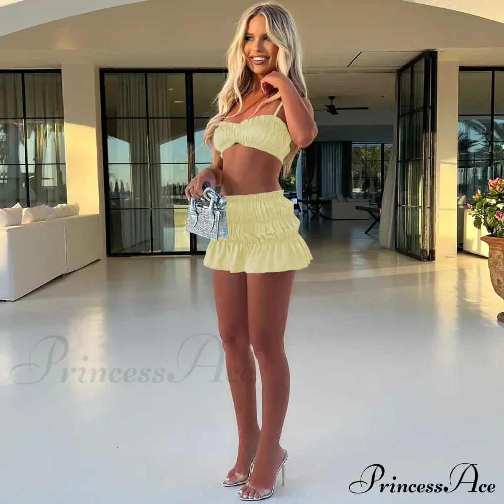 Ruched Satin Bralette Charming And Mini Skirt Set