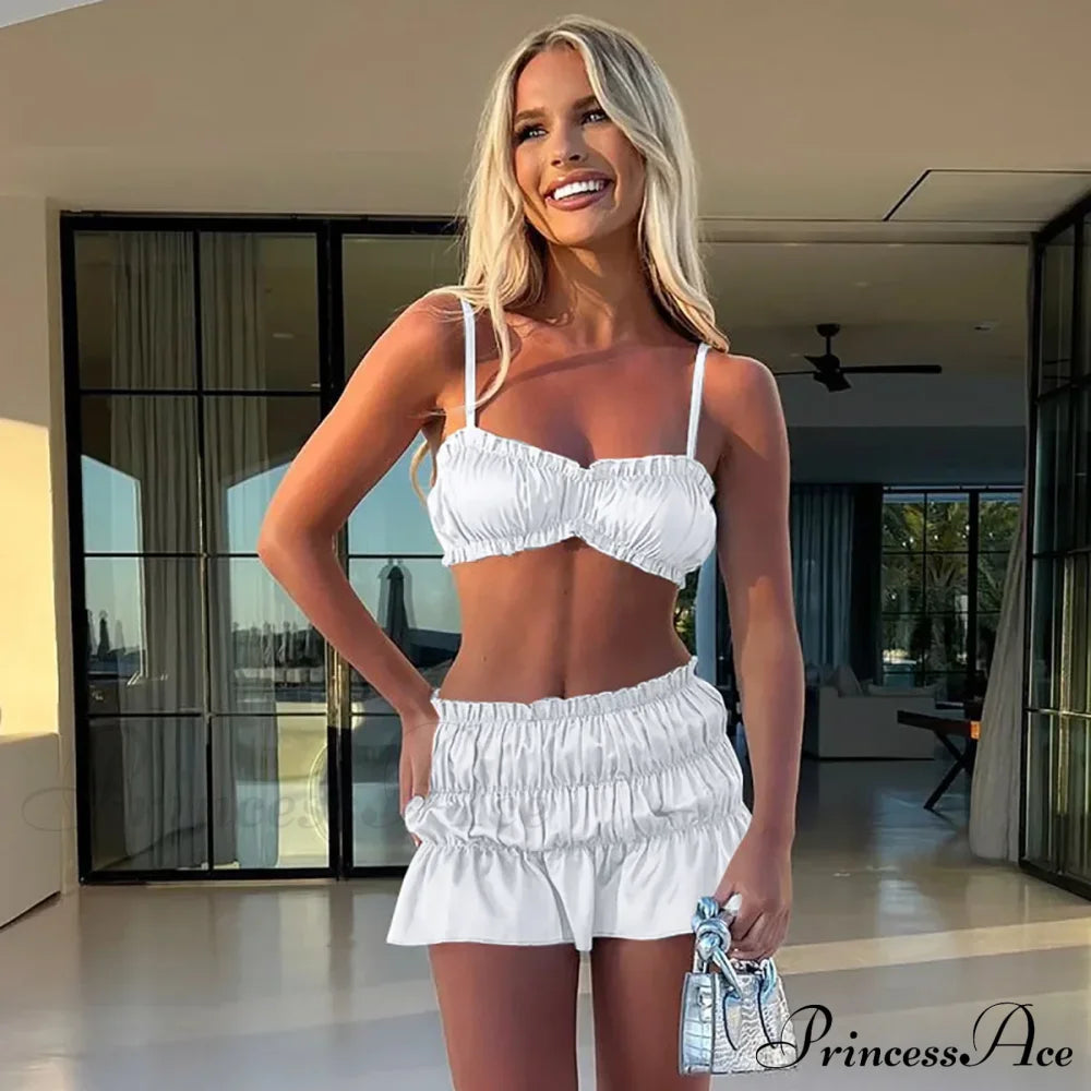 Ruched Satin Bralette Charming And Mini Skirt Set