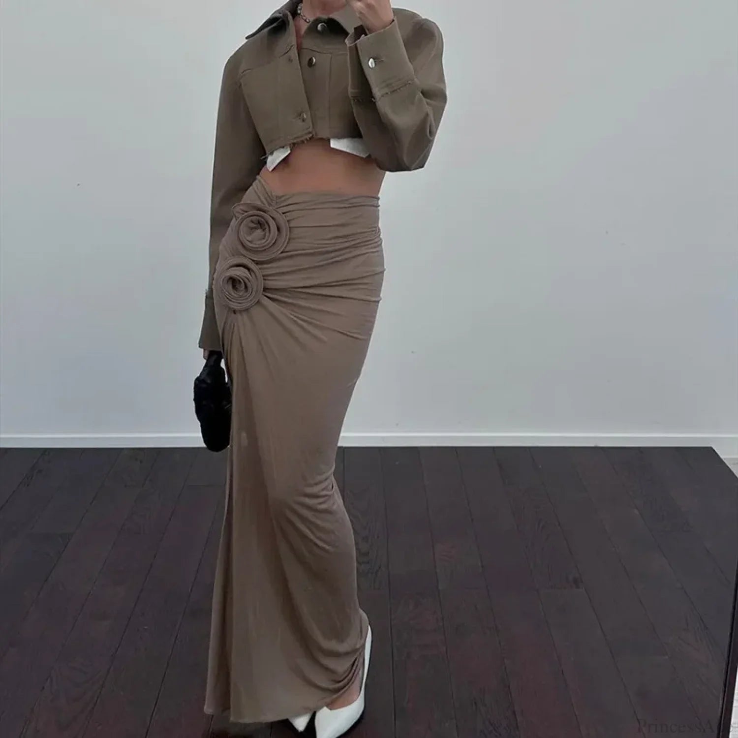 Ruched Split Floral Applique Maxi Skirt