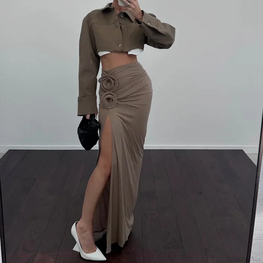 Ruched Split Floral Applique Maxi Skirt