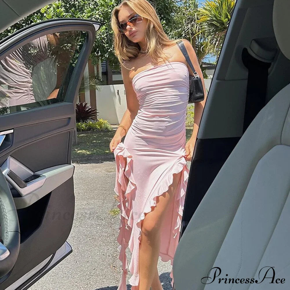Ruffle Fringe Double Charming Slit Tube Midi Dress