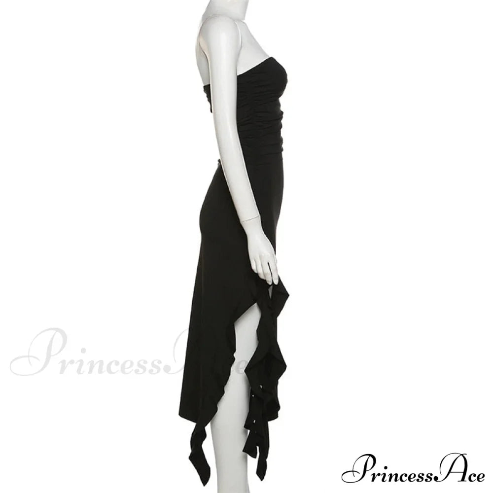 Ruffle Fringe Double Charming Slit Tube Midi Dress