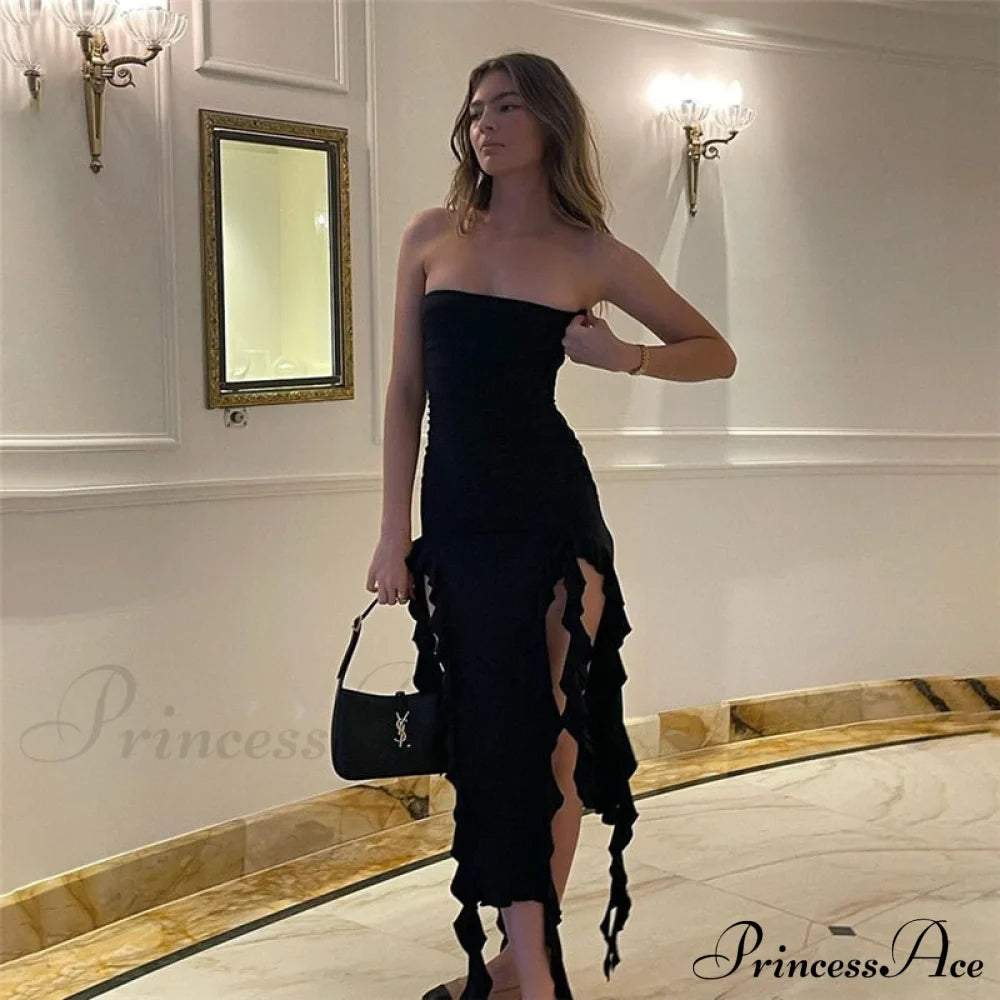 Ruffle Fringe Double Charming Slit Tube Midi Dress