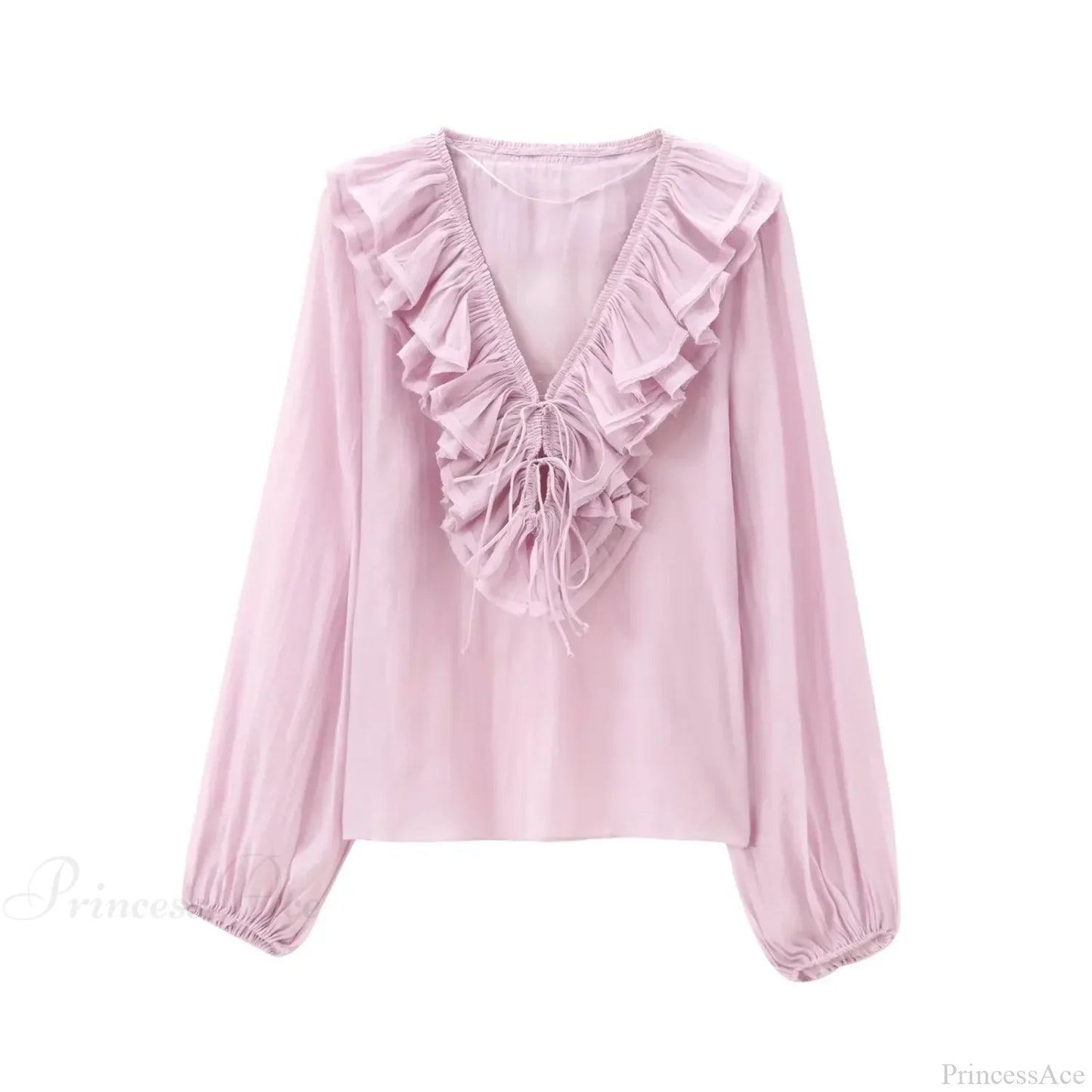 Ruffles Deep V-Neck Lace-Up Loose Oversize Boho Blouse
