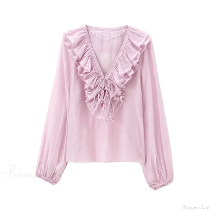 Ruffles Deep V-Neck Lace-Up Loose Oversize Boho Blouse