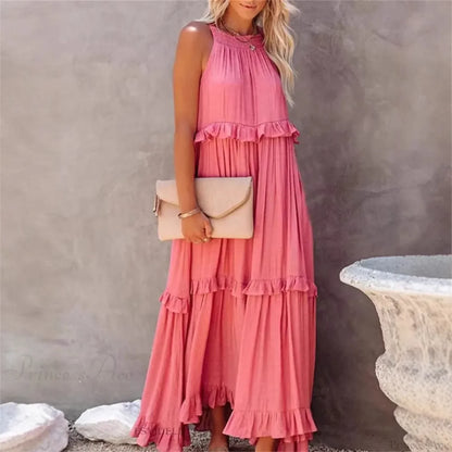 Ruffles Sexy Split Halter Sleeveless Big Hem Maxi Boho Dress