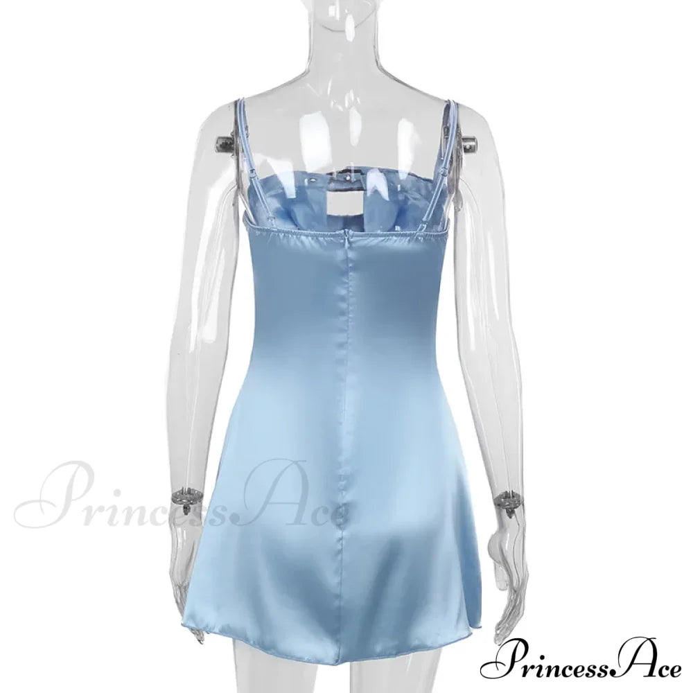 Satin Belted Hollow Cowl Graceful Neck Slip Mini Dress