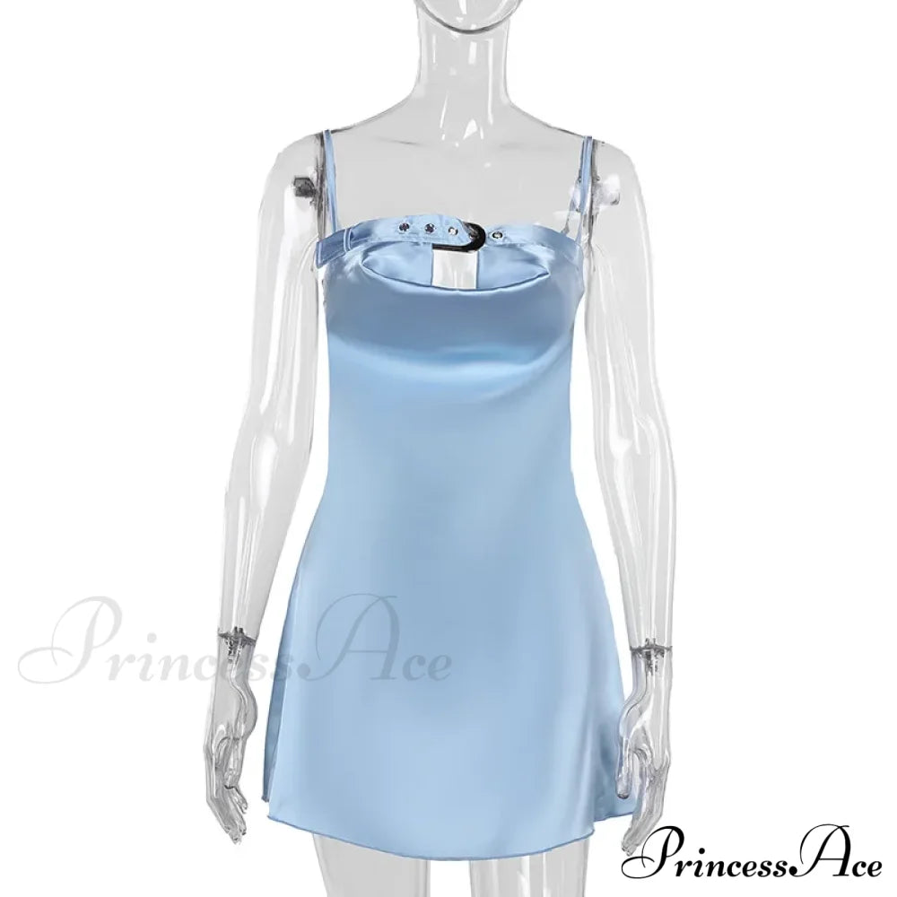 Satin Belted Hollow Cowl Graceful Neck Slip Mini Dress