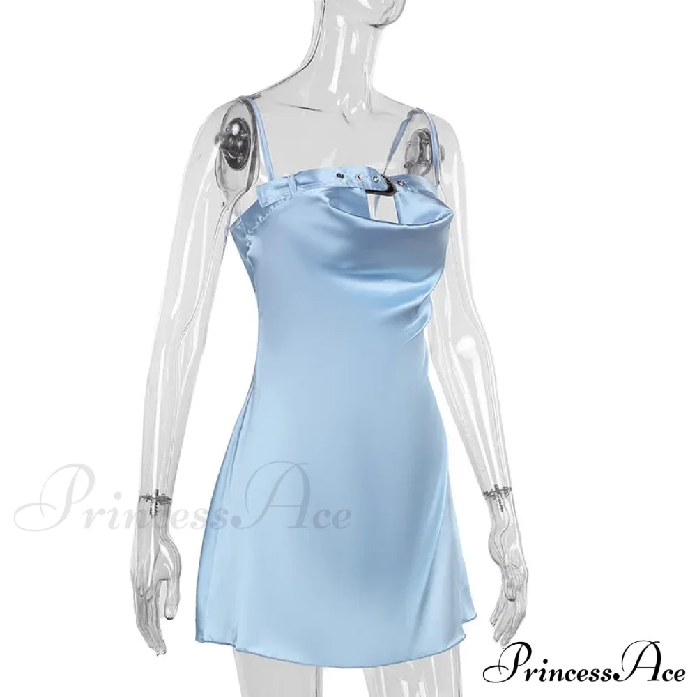 Satin Belted Hollow Cowl Graceful Neck Slip Mini Dress