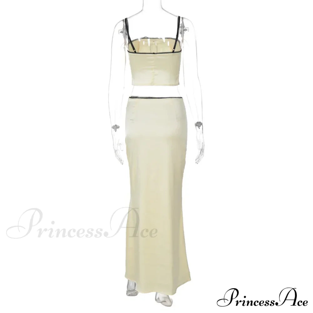 Satin Bow Cami Crop Graceful Top And Maxi Skirt Set