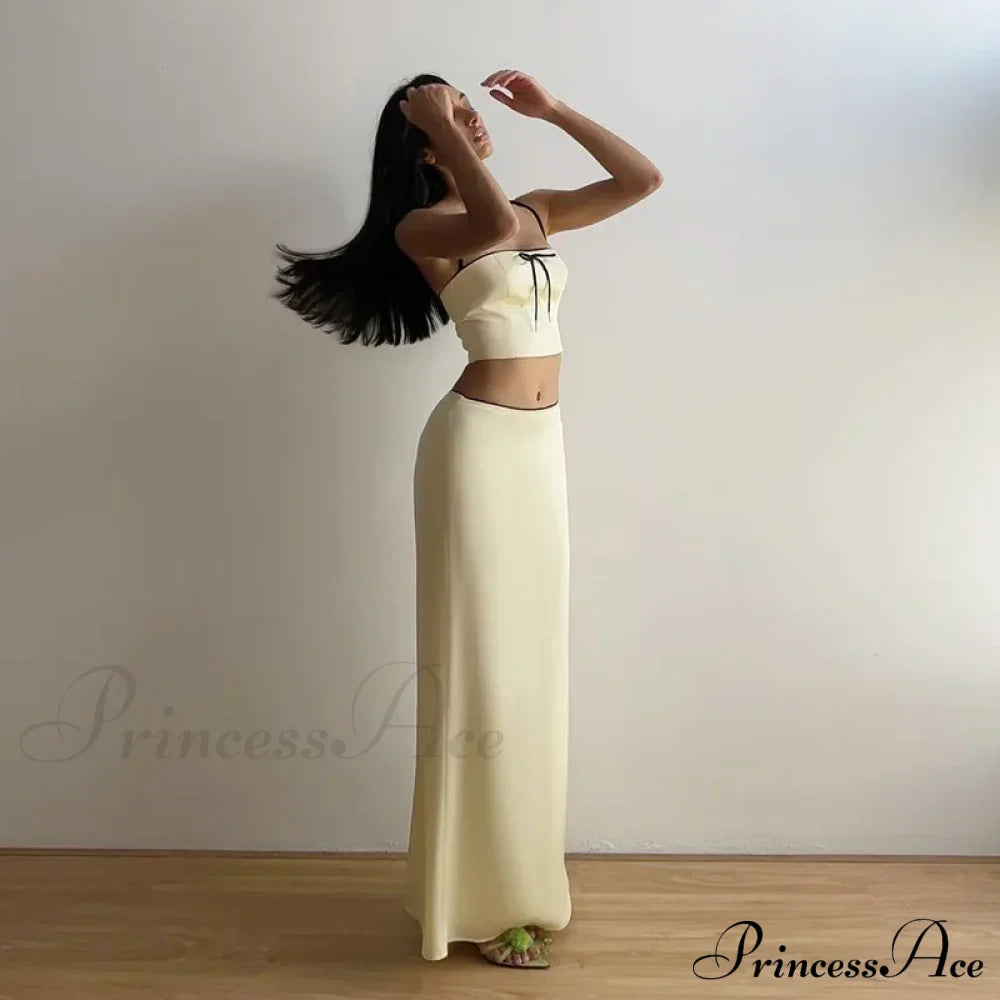Satin Bow Cami Crop Graceful Top And Maxi Skirt Set