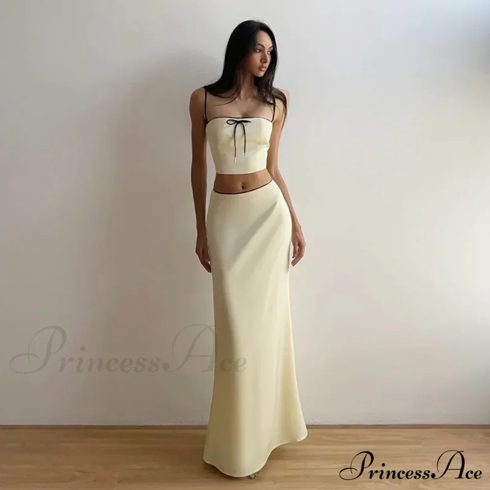 Satin Bow Cami Crop Graceful Top And Maxi Skirt Set
